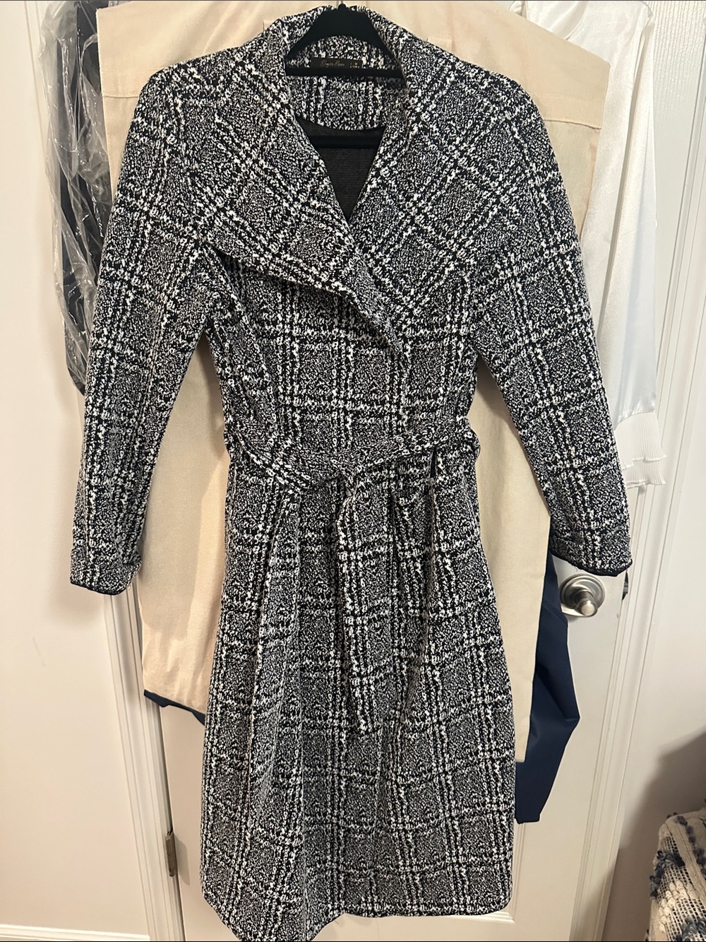 Black & White Plaid Women's Trench Blazer Coat